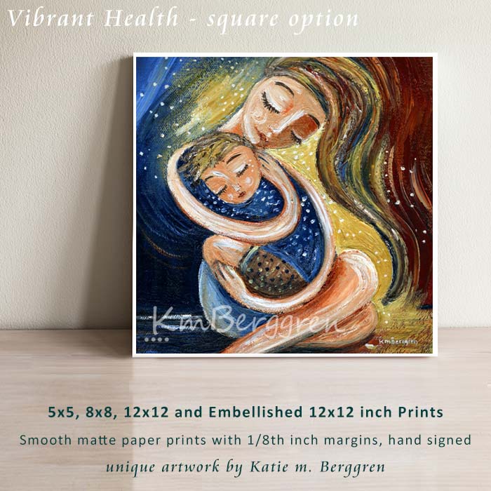 emotional and powerful mother and son painting, red, yellow and blue artwork of a mother hugging her spiky haired blonde son, sitting together, mother and child gift idea
