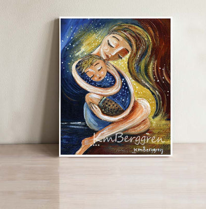 emotional and powerful mother and son painting, red, yellow and blue artwork of a mother hugging her spiky haired blonde son, sitting together, mother and child gift idea