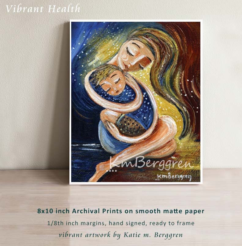emotional and powerful mother and son painting, red, yellow and blue artwork of a mother hugging her spiky haired blonde son, sitting together, mother and child gift idea