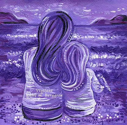 purple painting of mother and daughter overlooking the ocean, purple ocean, 2 girls and bird, hopeful artwork, kmberggren km berggren