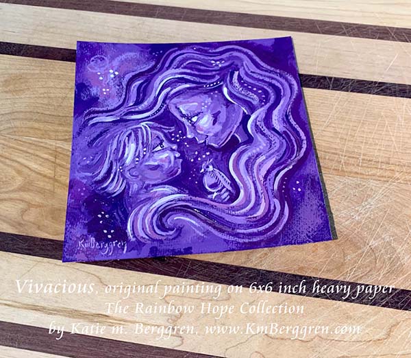 purple mother and child with bird, long hair mom, purple hair, violet artwork, kmberggren, km berggren painting, motherhood art