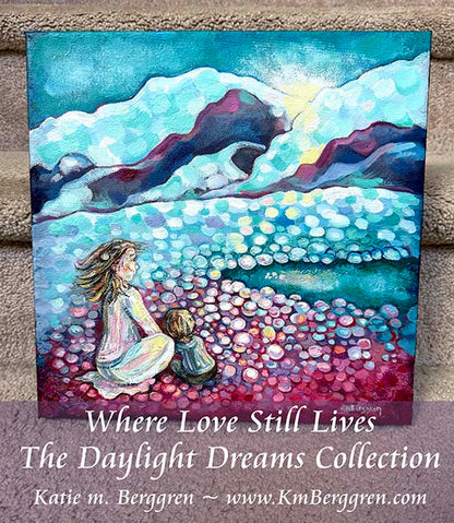 painting of woman and child sitting on the pink and blue shore of a green river with a snow-covered green and magenta mountain in the distance, green sky with gentle clouds, intimate motherhood painting by kmberggren, katie m. berggren, kimberggren paintings