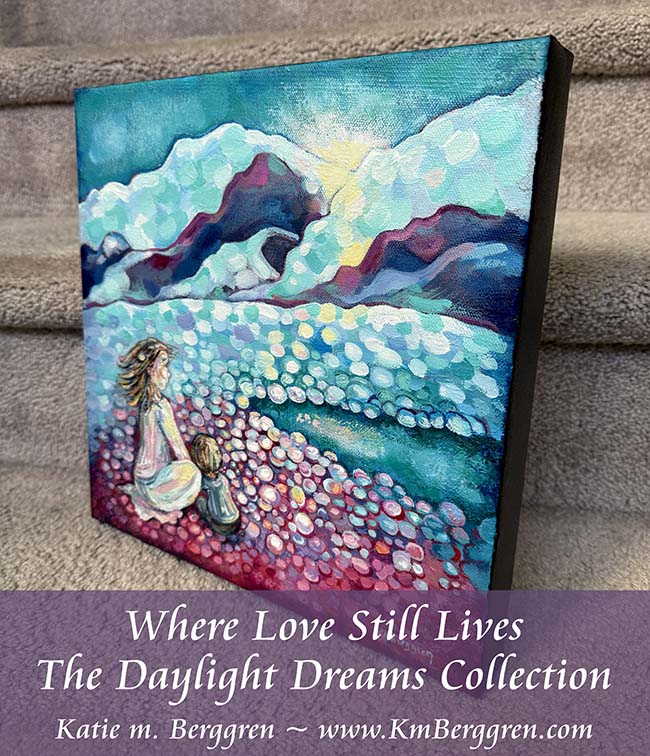 painting of woman and child sitting on the pink and blue shore of a green river with a snow-covered green and magenta mountain in the distance, green sky with gentle clouds, intimate motherhood painting by kmberggren, katie m. berggren, kimberggren paintings