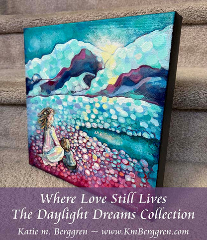 painting of woman and child sitting on the pink and blue shore of a green river with a snow-covered green and magenta mountain in the distance, green sky with gentle clouds, intimate motherhood painting by kmberggren, katie m. berggren, kimberggren paintings