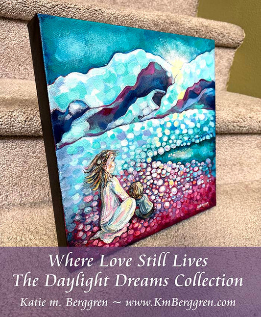 painting of woman and child sitting on the pink and blue shore of a green river with a snow-covered green and magenta mountain in the distance, green sky with gentle clouds, intimate motherhood painting by kmberggren, katie m. berggren, kimberggren paintings