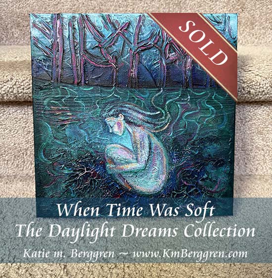 painting of a woman in fetal position connected by roots to the trees, highly textured blue green magenta painting with nude woman by kmberggren, kimberggren, katie m berggren