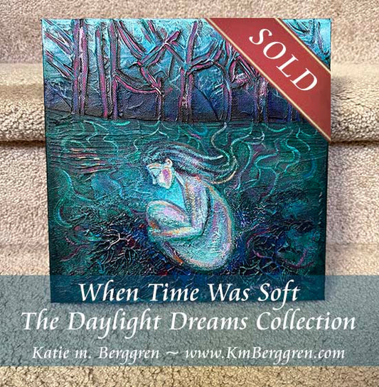 painting of a woman in fetal position connected by roots to the trees, highly textured blue green magenta painting with nude woman by kmberggren, kimberggren, katie m berggren