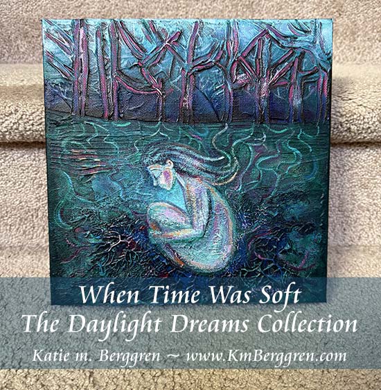 painting of a woman in fetal position connected by roots to the trees, highly textured blue green magenta painting with nude woman by kmberggren, kimberggren, katie m berggren