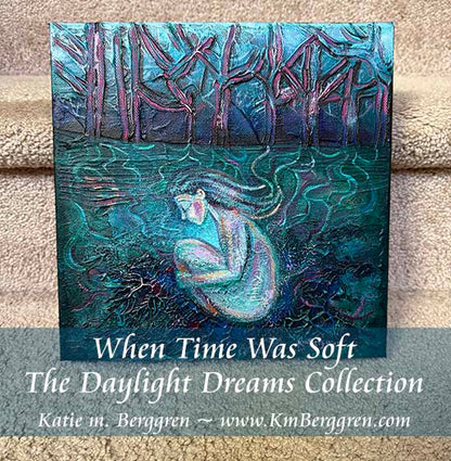 painting of a woman in fetal position connected by roots to the trees, highly textured blue green magenta painting with nude woman by kmberggren, kimberggren, katie m berggren