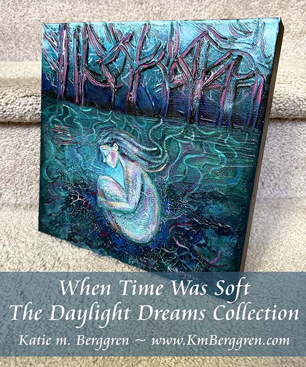 painting of a woman in fetal position connected by roots to the trees, highly textured blue green magenta painting with nude woman by kmberggren, kimberggren, katie m berggren