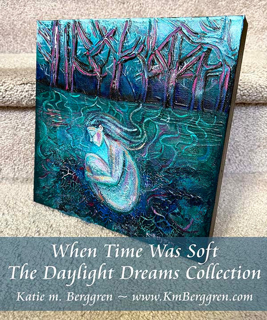 painting of a woman in fetal position connected by roots to the trees, highly textured blue green magenta painting with nude woman by kmberggren, kimberggren, katie m berggren