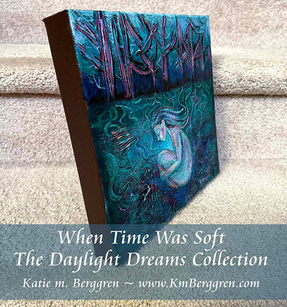 painting of a woman in fetal position connected by roots to the trees, highly textured blue green magenta painting with nude woman by kmberggren, kimberggren, katie m berggren