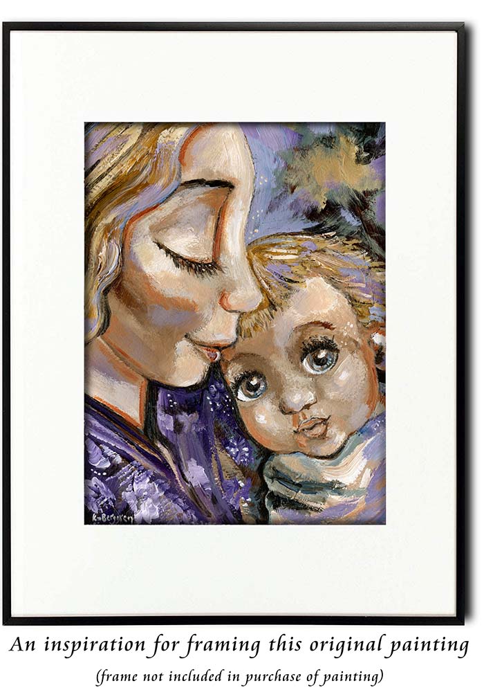 blonde mother blue eyed baby original painting, mother and daughter artwork, mother and son original painting, original painting of woman and child