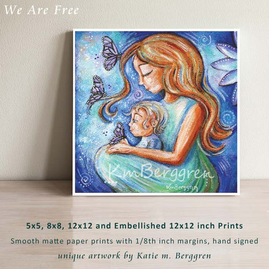 purple and blue motherhood art print mom with red hair and blonde toddler with purple butterflies and big purple flowers, blue sky, green dress, ethereal and intimate motherhood art