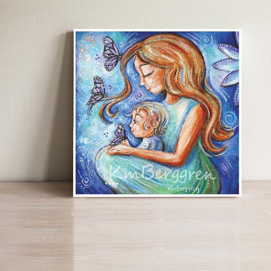 purple and blue motherhood art print mom with red hair and blonde toddler with purple butterflies and big purple flowers, blue sky, green dress, ethereal and intimate motherhood art