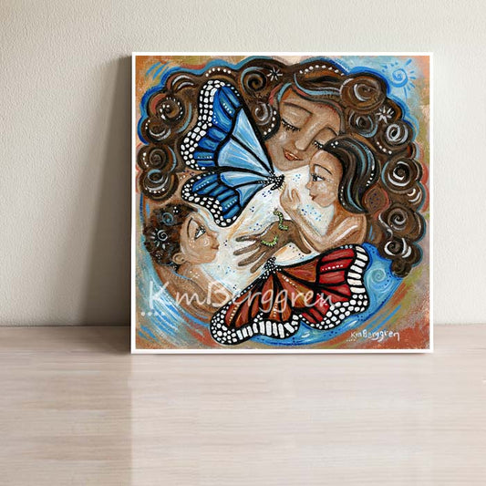 art print of curly brown haired mom with two children and two large butterflies by KmBerggren