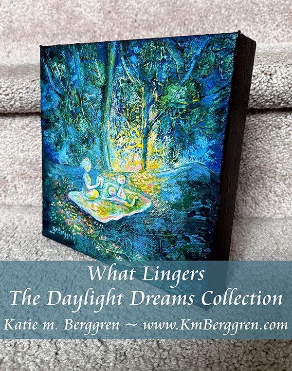 woman and 2 children in a colorful forest, magical picnic, reading to children in the woods, mother and child imaginative artwork, color positive artwork, full-figured mom, textured painting of trees and family by kmberggren, kimberggren, katie m berggren