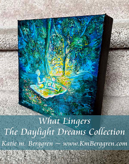 woman and 2 children in a colorful forest, magical picnic, reading to children in the woods, mother and child imaginative artwork, color positive artwork, full-figured mom, textured painting of trees and family by kmberggren, kimberggren, katie m berggren