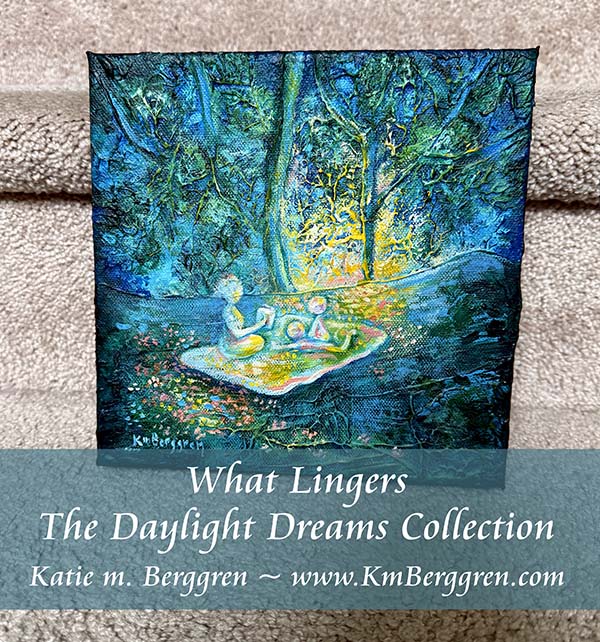 woman and 2 children in a colorful forest, magical picnic, reading to children in the woods, mother and child imaginative artwork, color positive artwork, full-figured mom, textured painting of trees and family by kmberggren, kimberggren, katie m berggren