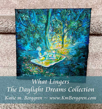 woman and 2 children in a colorful forest, magical picnic, reading to children in the woods, mother and child imaginative artwork, color positive artwork, full-figured mom, textured painting of trees and family by kmberggren, kimberggren, katie m berggren