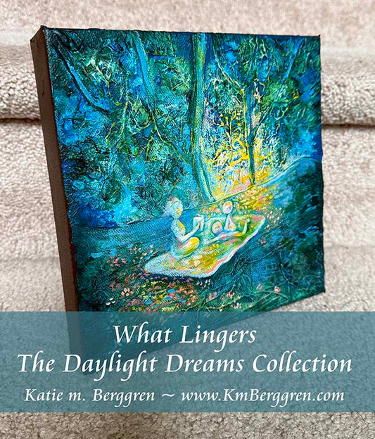 woman and 2 children in a colorful forest, magical picnic, reading to children in the woods, mother and child imaginative artwork, color positive artwork, full-figured mom, textured painting of trees and family by kmberggren, kimberggren, katie m berggren