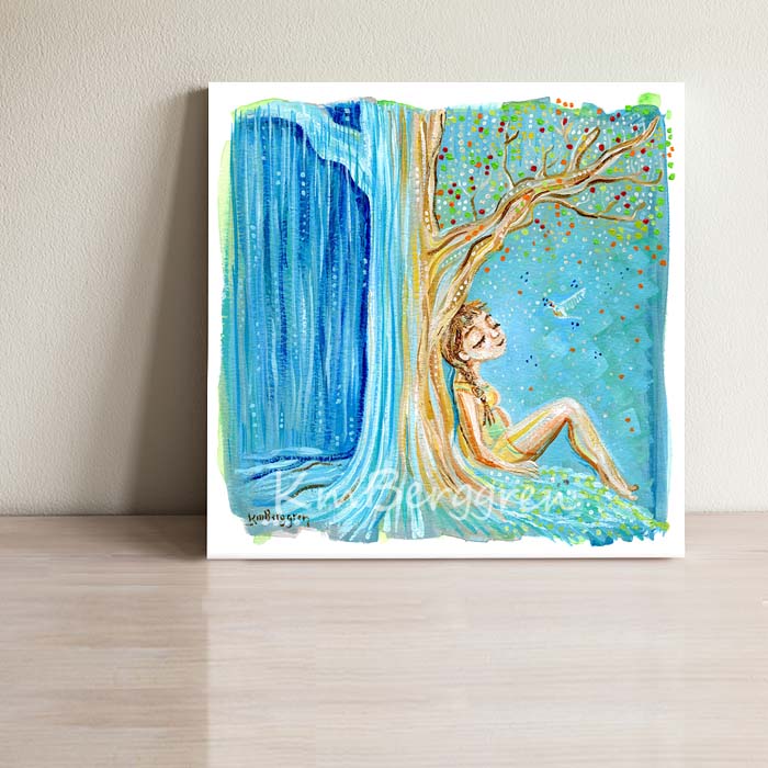 A solitary and confident woman leaning against a tree art print. Rain & Sunshine art. Gift for pregnant mother. Hopeful pregnancy artwork. 