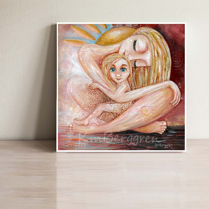 blonde mother, blonde daughter, nurturing artwork with sunshine and blue sky, comforting artwork to honor the inner child, gentle soothing depictions of love and self-love, kmberggren