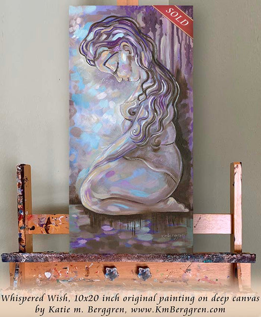 Art Painting of a full-figured Woman kneeling in a purple background. Hopeful painting of solitude and strength. Inspirational artwork for women, motivational paintings, intimate female art by a woman painter. Wall decor for women. KmBerggren, Kimberggren, katie berggren art, intimate female artwork