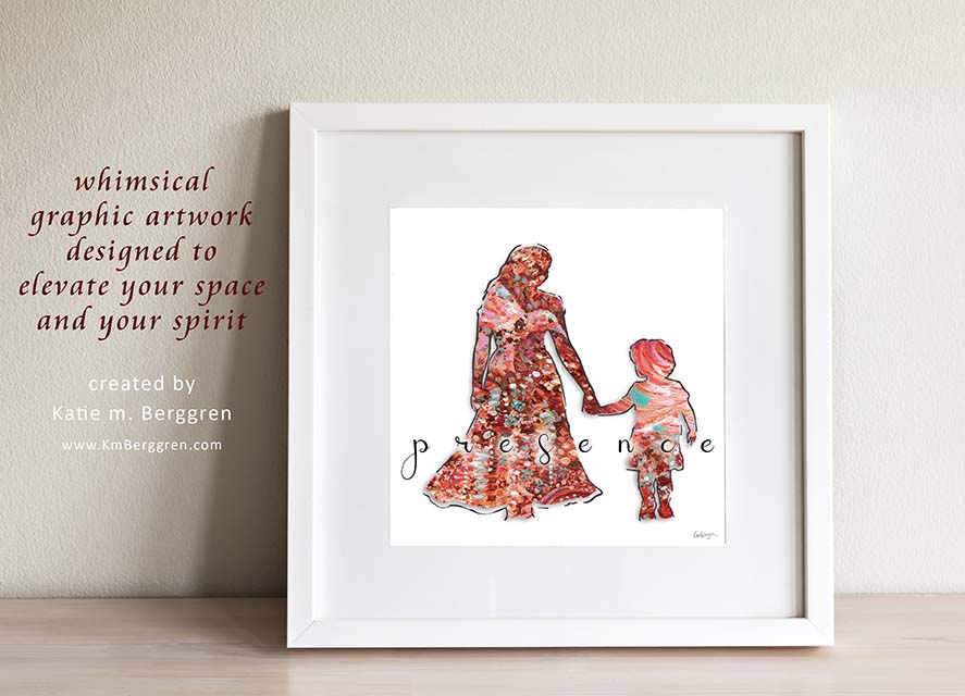 back-view-mom-walk-with-child-holding-hands-hand-in-hand-mom-daughter-mama-and-son-walking-away-pink-flower-art-silhouette-wall-decor kmberggren graphic design wall art gift for moms long dress mom painting digital art gift for woman child