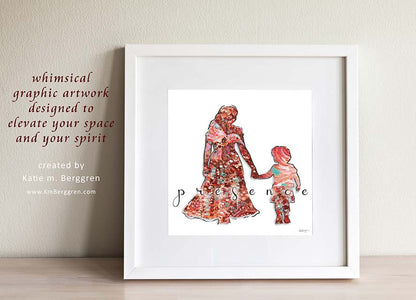 back-view-mom-walk-with-child-holding-hands-hand-in-hand-mom-daughter-mama-and-son-walking-away-pink-flower-art-silhouette-wall-decor kmberggren graphic design wall art gift for moms long dress mom painting digital art gift for woman child