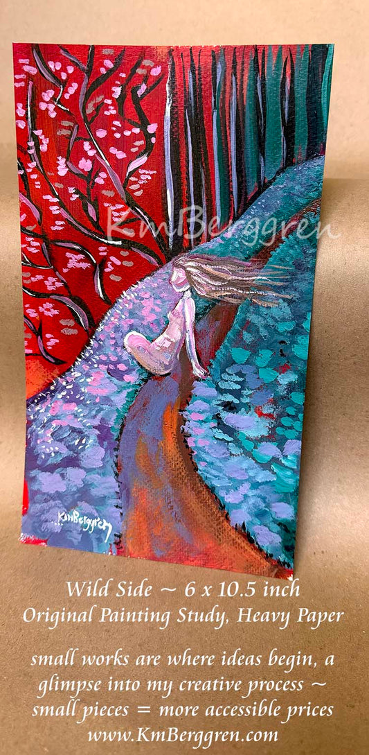 An original painting on heavy paper depicting a fantasy scene of a woman sitting on a path in a forest, with red trees on one side and blue foliage on the other. She looks to the wild side of the path, long hair flowing, full-figured woman, bright colored painting. Painting by KmBerggren, art by katie m berggren, kimberggren