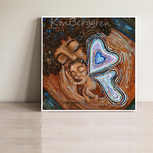 african american mother cradling tiny angel baby, dark skin, curly brown hair, baby angel in pastel colors, winged baby with butterflies and hearts, blue pink and white butterfly, angel child loss, infant and pregnancy loss, gone but not forgotten, missing my baby art by Kmberggren