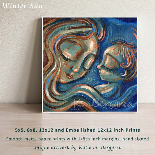 orange and red and blue warm painting of a mother sleeping with a little baby with orange hair, long hair mommy and baby napping artwork by kmberggren