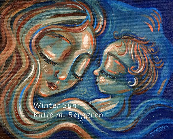 orange and red and blue warm painting of a mother sleeping with a little baby with orange hair, long hair mommy and baby napping artwork by kmberggren