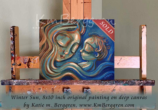 orange and red and blue warm painting of a mother sleeping with a little baby with orange hair, long hair mommy and baby napping artwork by kmberggren