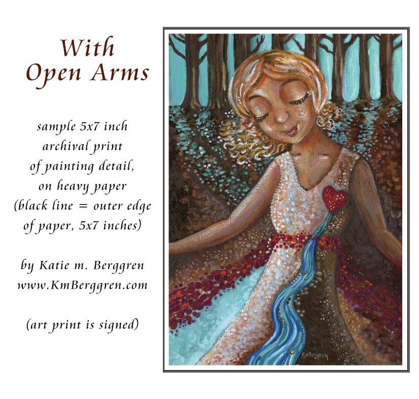 wall decor for women, inspirational woman painting, self confidence and strength, super woman with arms outstretched, art print of a river gushing from a woman's heart, overcoming sadness art, overcoming loss, love after loss art, grief art, power after pain art, kmberggren, km berggren, katie m. berggren paintings of women