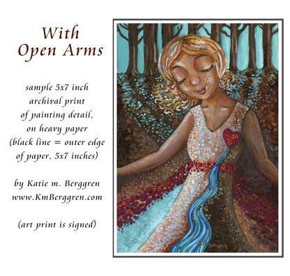 wall decor for women, inspirational woman painting, self confidence and strength, super woman with arms outstretched, art print of a river gushing from a woman's heart, overcoming sadness art, overcoming loss, love after loss art, grief art, power after pain art, kmberggren, km berggren, katie m. berggren paintings of women