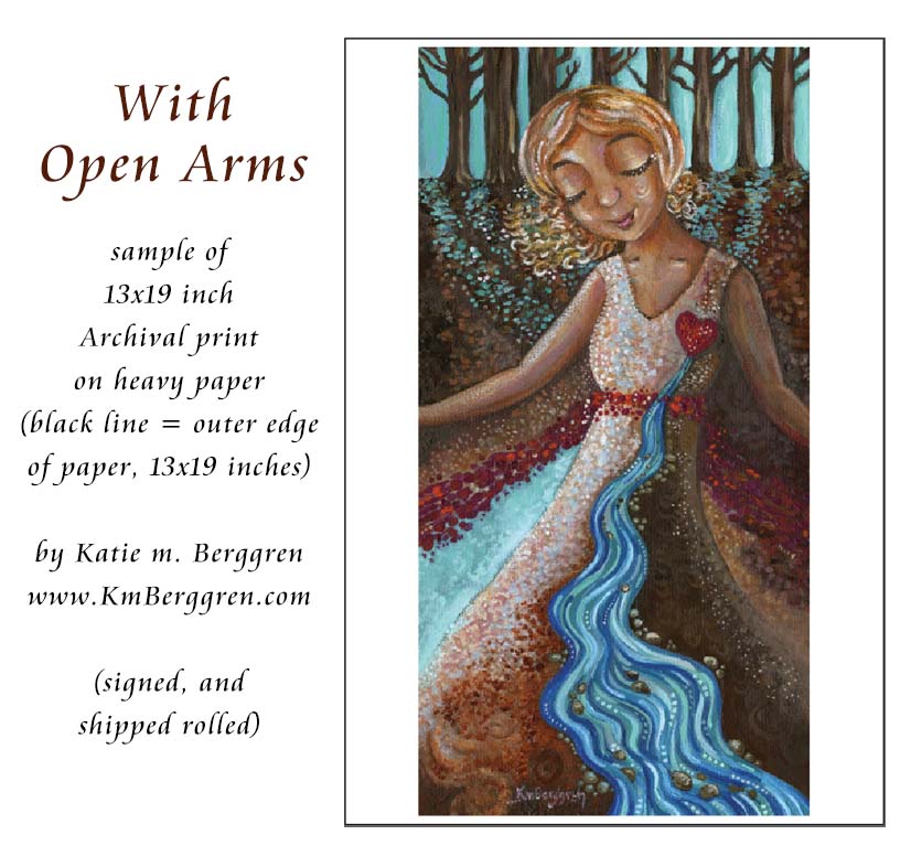 wall decor for women, inspirational woman painting, self confidence and strength, super woman with arms outstretched, art print of a river gushing from a woman's heart, overcoming sadness art, overcoming loss, love after loss art, grief art, power after pain art, kmberggren, km berggren, katie m. berggren paintings of women