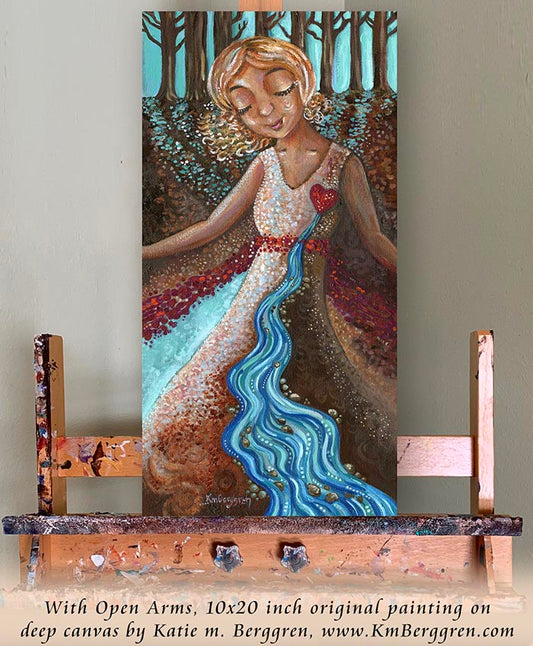 wall decor for women, inspirational woman painting, self confidence and strength, super woman with arms outstretched, art print of a river gushing from a woman's heart, overcoming sadness art, overcoming loss, love after loss art, grief art, power after pain art, kmberggren, km berggren, katie m. berggren paintings of women