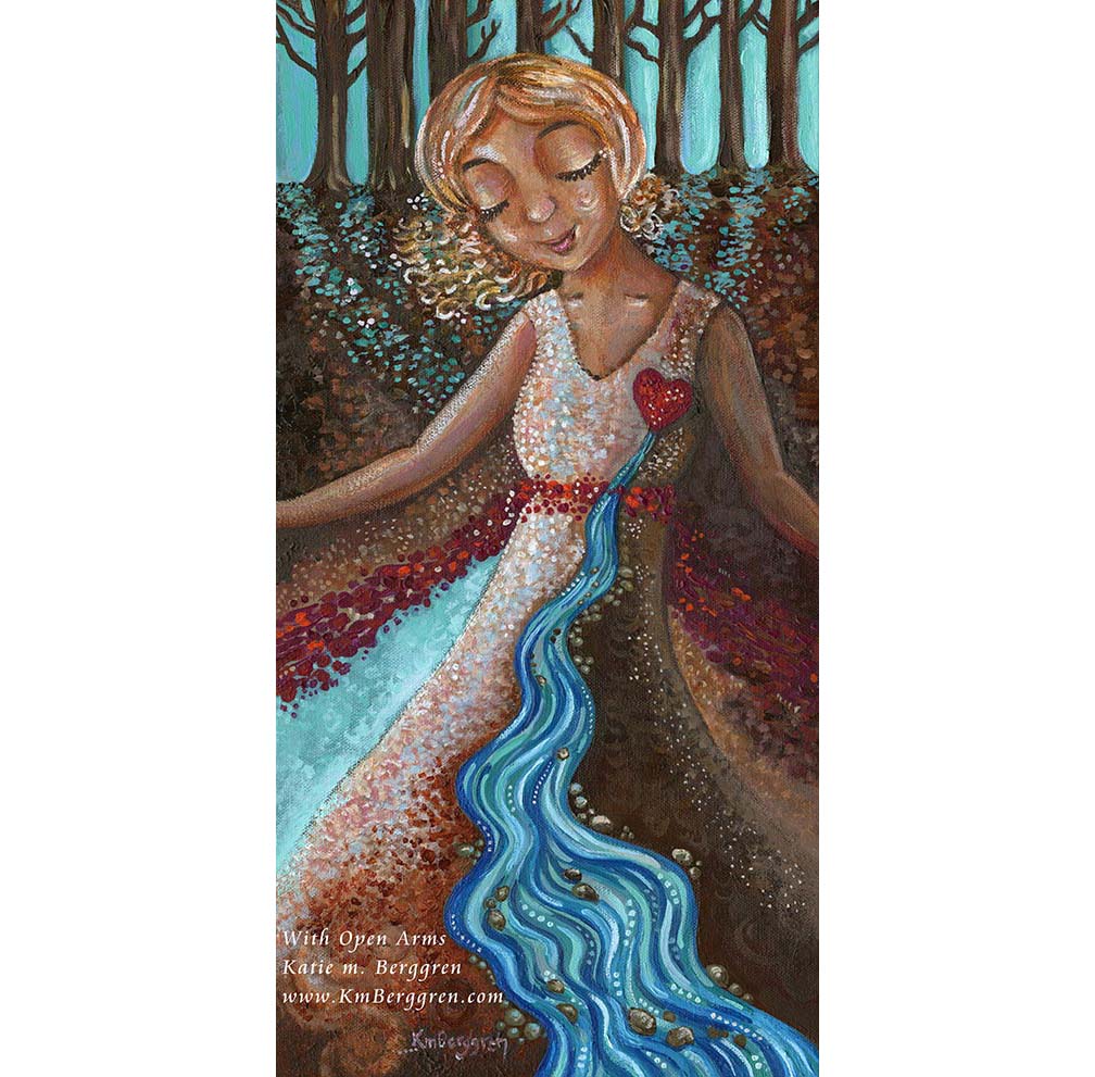 wall decor for women, inspirational woman painting, self confidence and strength, super woman with arms outstretched, art print of a river gushing from a woman's heart, overcoming sadness art, overcoming loss, love after loss art, grief art, power after pain art, kmberggren, km berggren, katie m. berggren paintings of women