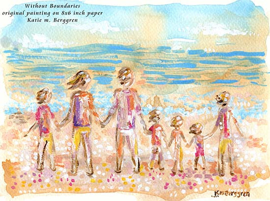 back view family on beach, back of family standing on the beach art, mother father and  five 5 children on the beach art, coast artwork, paintings of the beach with family, mom and kids on beach art, kids at beach painting, peaceful art for mom, turquoise orange and purple painting, aqua orange and purple wall decor, abstract beach art, expressionist art of beach and family, kids on beach abstract