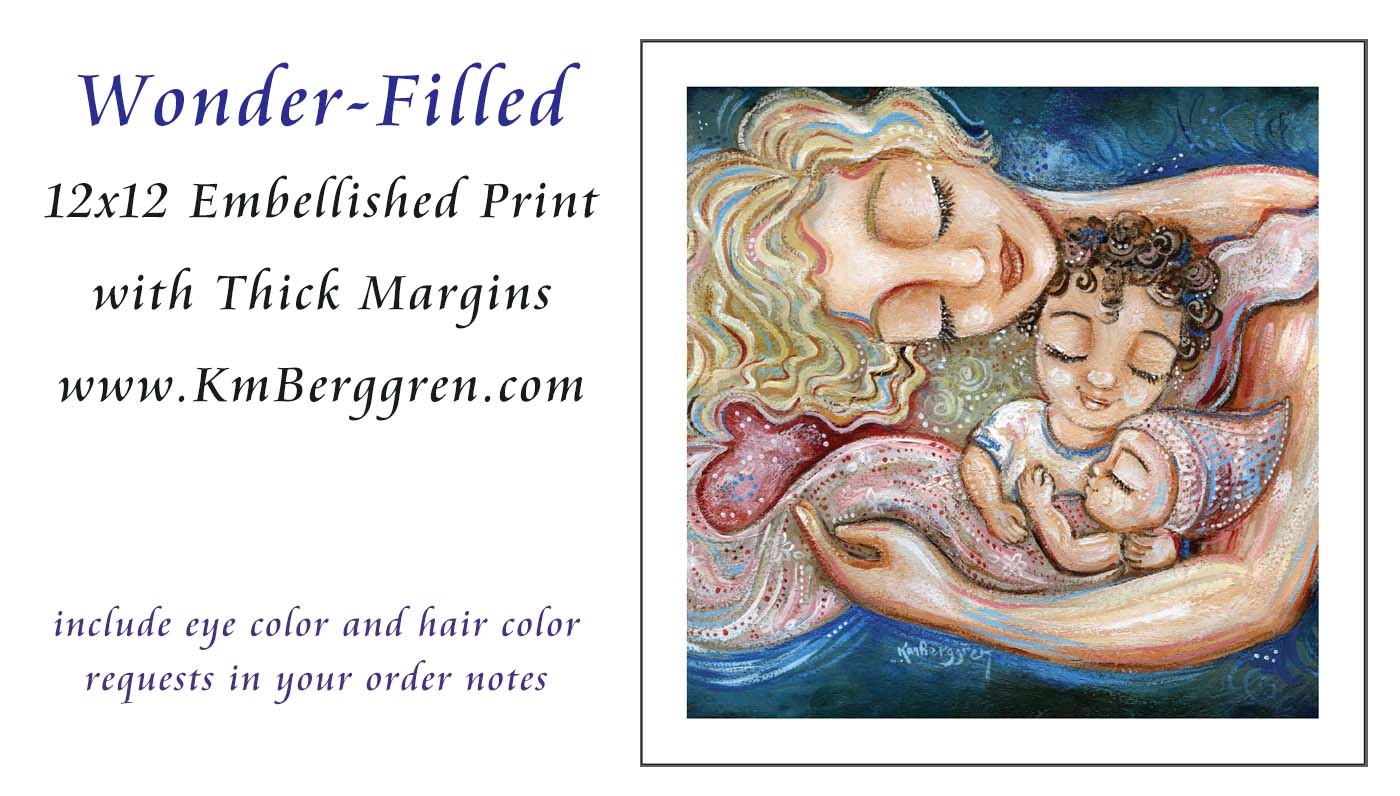size options for KmBerggren artist mother, big brother and baby sister painting print