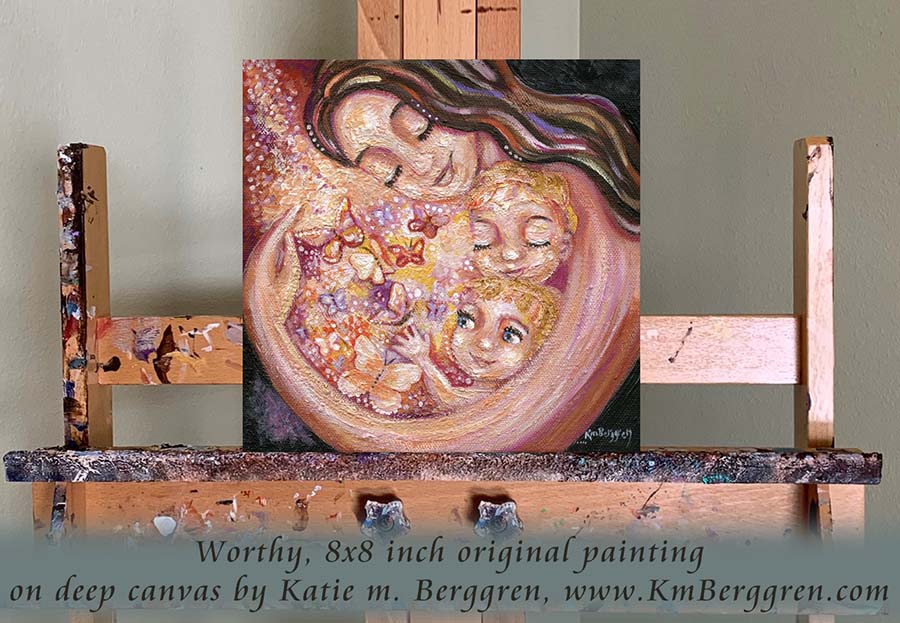 mother of two children and butterflies painting, butterfly artwork, blonde children brunette mother, painting of women, mom and 2 kids painting, gift for mom, gift for mother from kids