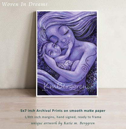 mother and child dancing, purple artwork, warm artwork of mommy and baby, baby touching mom face art, kmberggren