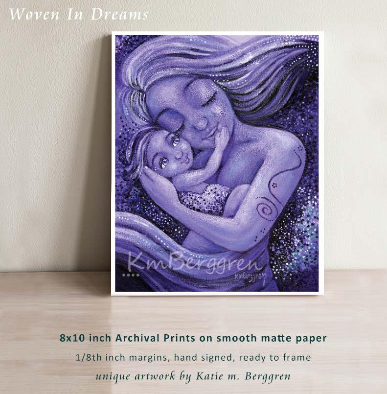 mother and child dancing, purple artwork, warm artwork of mommy and baby, baby touching mom face art, kmberggren