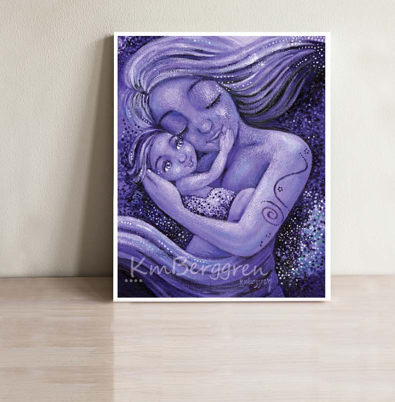 mother and child dancing, purple artwork, warm artwork of mommy and baby, baby touching mom face art, kmberggren