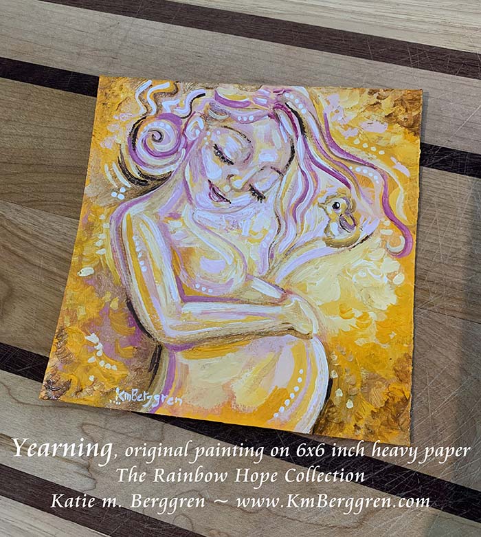 sunny yellow artwork for women, cheerful pregnancy art, hopeful expectant mother artwork, paintings for obyn office, lactation room wall decor, womens clinic wall decor ideas, yellow bird, blonde woman expecting first baby, painting of yellow woman and bird, kmberggren, km berggren