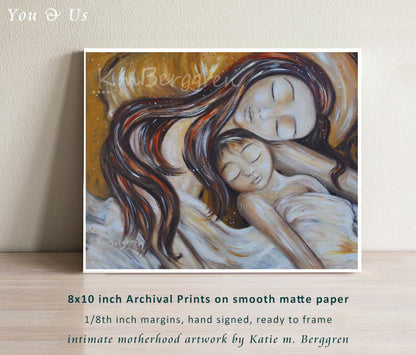 tender warm painting of a golden scene with mother sleeping with son on a yellow pillow, white blanket, long brown hair mama, cosleeping co-sleeping  art by KmBerggren