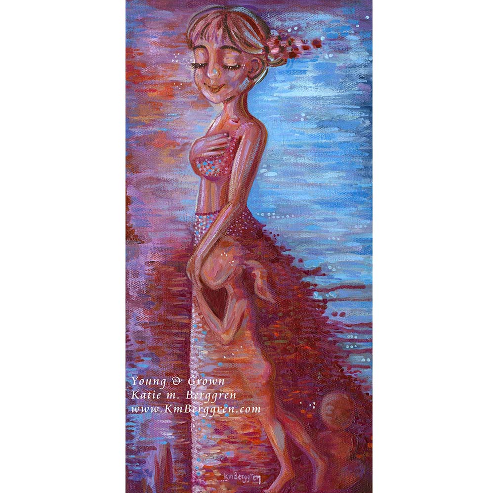 original painting of woman in red magenta dress with inner child, children, little girl and baby with mom, confident woman, warm and cool art, magenta and blue painting of young woman