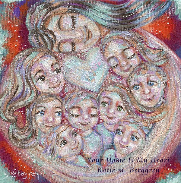 mother and 8 kids art print, painting of mom with eight kids,  rainbow colored artwork of a big family